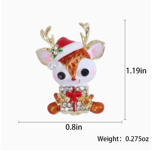 Christmas Reindeer Brooch Pin Cartoon Enamel with Crystals Gold Tone - Picture 2 of 2
